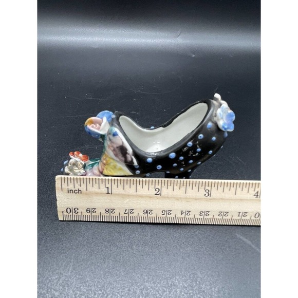 Ceramic High Heel Shoe Figurine Black & White Polka Dots & Flowers Japan Vintage - Picture 11 of 11